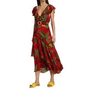 FARM Rio Red Forest Birds Belted Midi Dress